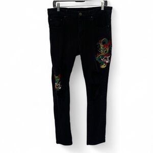 Young and Reckless Dragon Embroidery Distresses Black Skinny Jeans